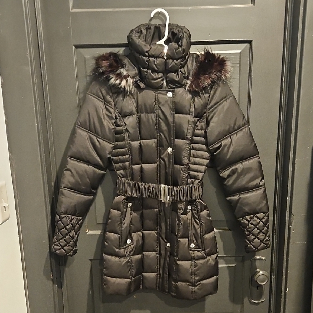 Vintage Betsey Johnson Quilted Black Puffer Coat with Removable Fur Hood
